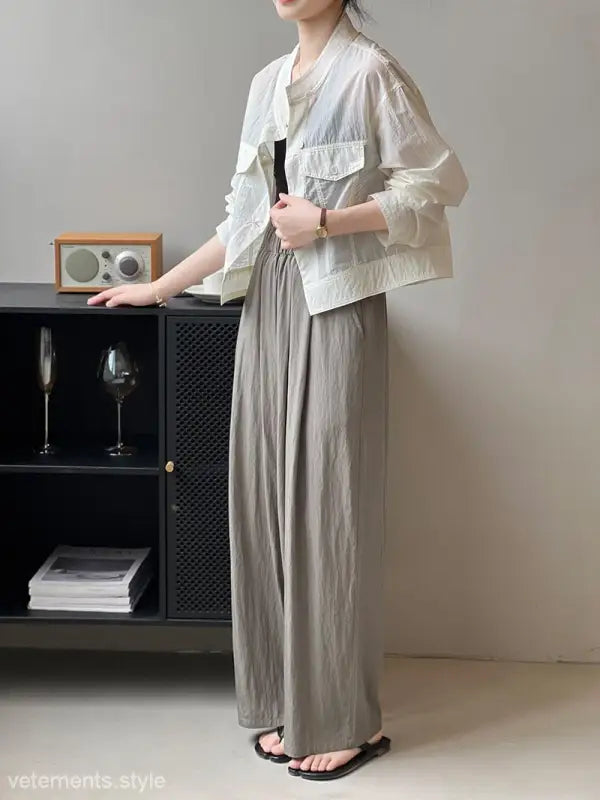 Woman in khaki green casual polyester shirt with white jacket and wide-legged pants, perfect for summer cardigan short, available with free shipping