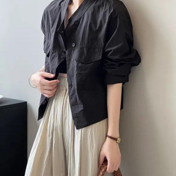 Black cropped button-down jacket from Khaki Green Casual Polyester Shirt for summer cardigan short with free shipping