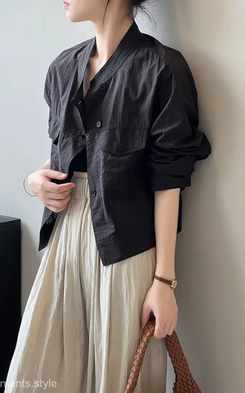 Black cropped button-down jacket from Khaki Green Casual Polyester Shirt for summer cardigan short with free shipping