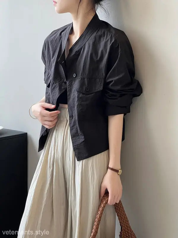 Black cropped button-down jacket from Khaki Green Casual Polyester Shirt for summer cardigan short with free shipping