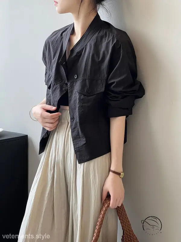 Khaki green casual polyester shirt with black cropped button-down jacket, free shipping