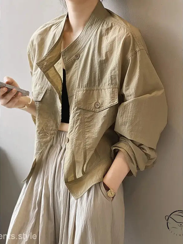 Khaki green casual polyester shirt with beige cropped jacket, free shipping