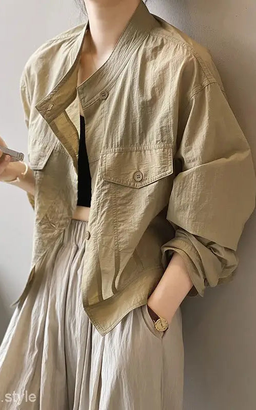 Beige cropped jacket from Khaki Green Casual Polyester Shirt with summer cardigan short style and free shipping