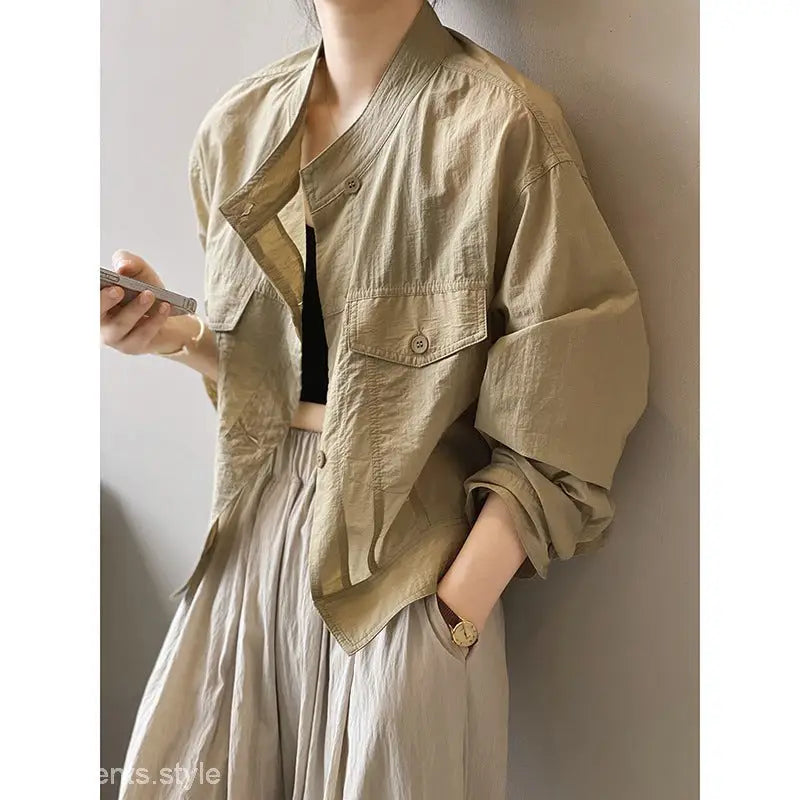Beige cropped jacket from Khaki Green Casual Polyester Shirt with summer cardigan short style and free shipping