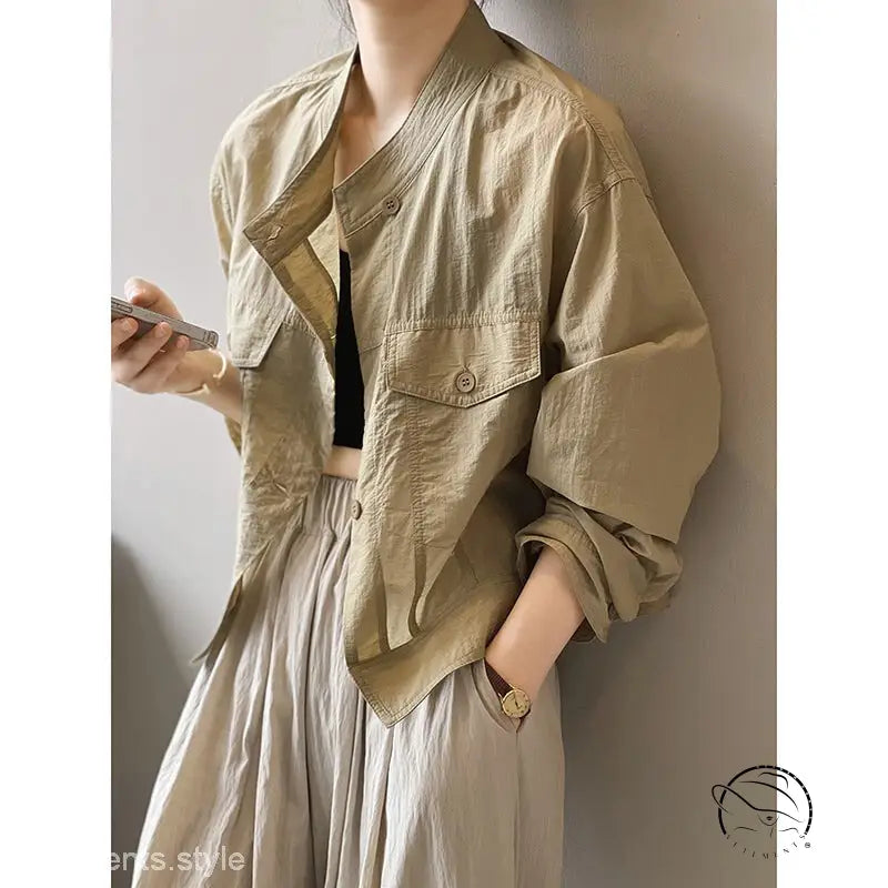 Khaki green casual polyester shirt with beige cropped jacket, free shipping
