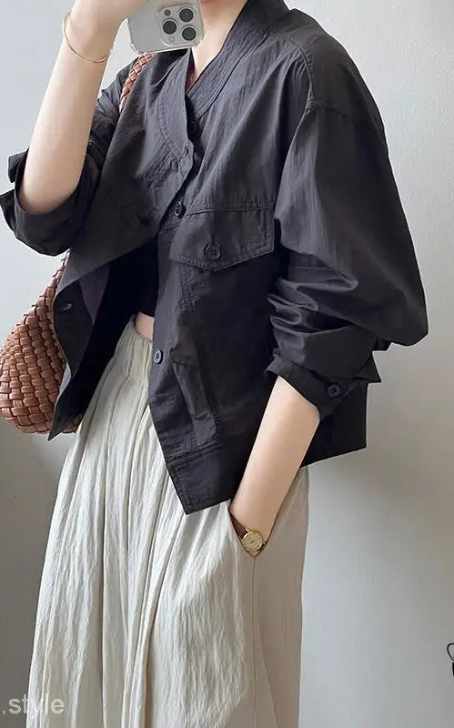 Khaki green casual polyester shirt with black jacket and beige skirt, free shipping