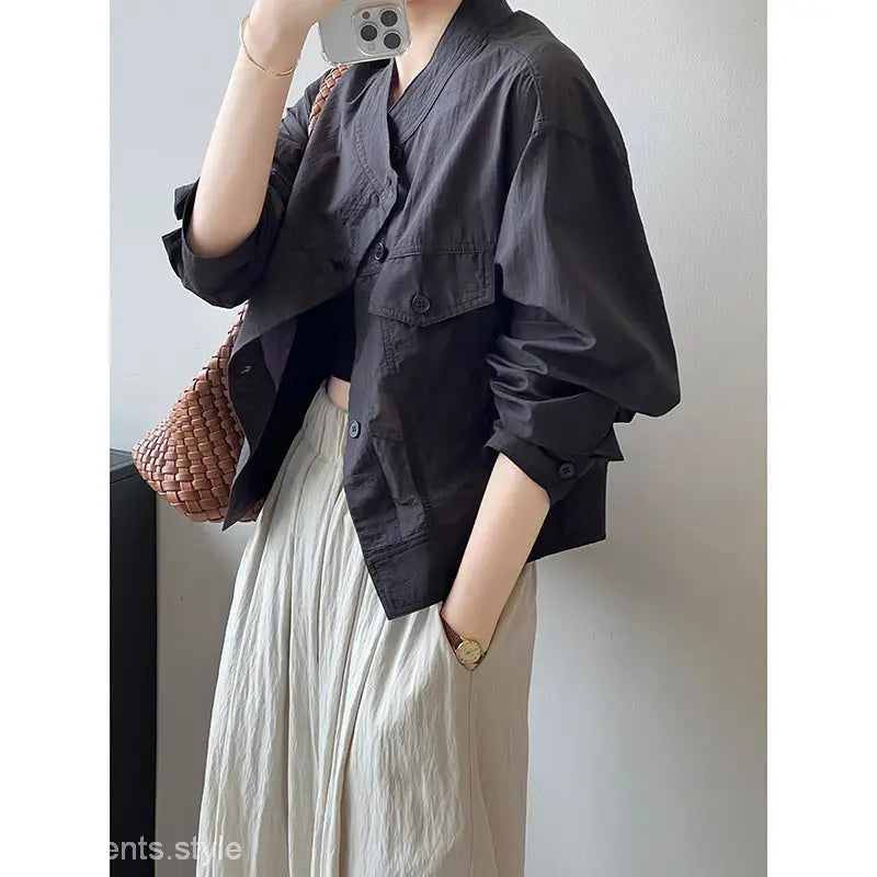 Black button-down jacket with beige skirt from Khaki Green Casual Polyester Shirt, summer cardigan short style, free shipping available