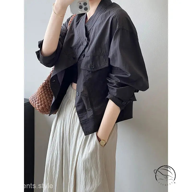 Khaki green casual polyester shirt with black jacket and beige skirt, free shipping