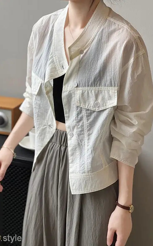 Khaki Green Casual Polyester Shirt lightweight button-up jacket with pockets, perfect for summer cardigan short with free shipping