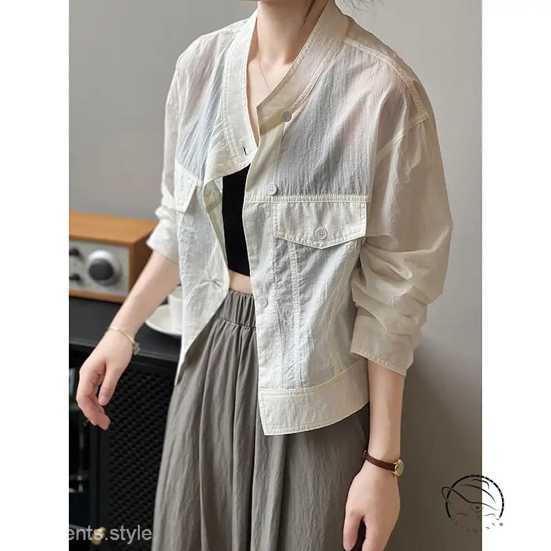 Khaki green lightweight button-up polyester shirt with pockets, free shipping