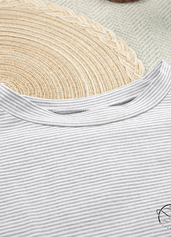 Light gray and white striped knitted loose pajamas crew neck t-shirt for summer lounge