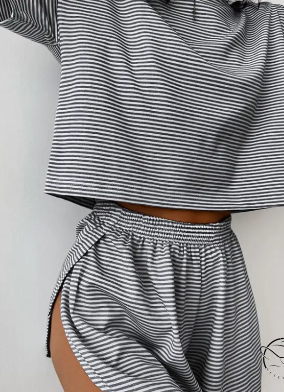 Gray and white striped knitted loose pajamas crop top and shorts lounge set