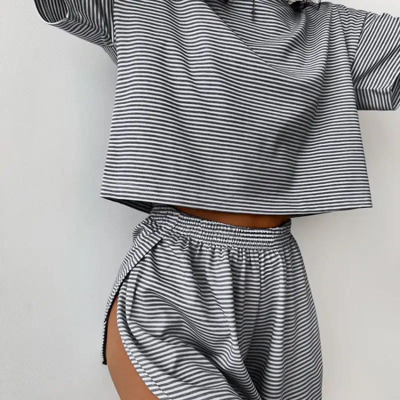 Gray and white striped knitted loose pajamas crop top and shorts lounge set