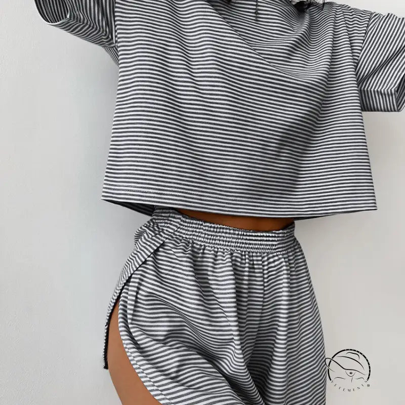 Gray and white striped knitted loose pajamas set with split sleeves