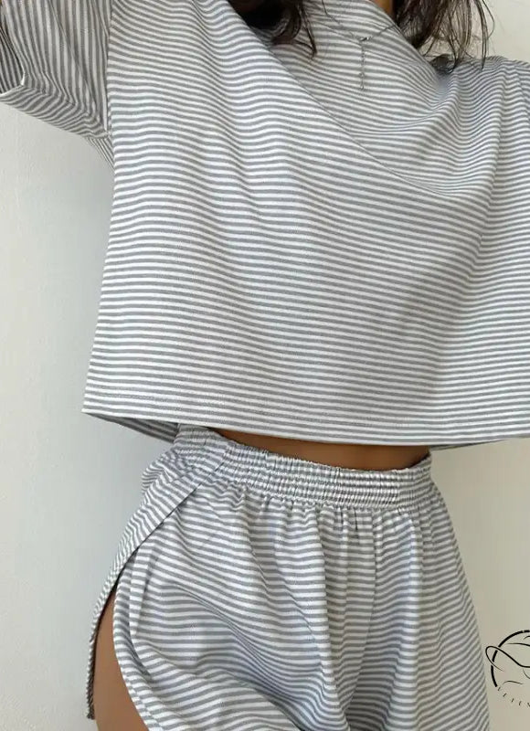 Grey and white striped knitted loose pajamas short lounge set for summer comfort