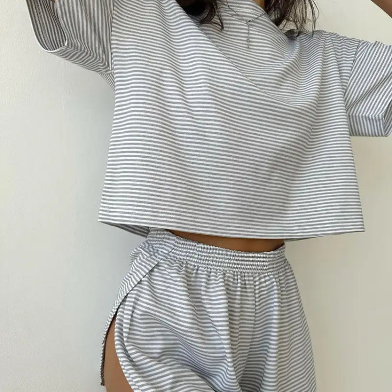 Grey and white striped knitted loose pajamas short lounge set for summer comfort