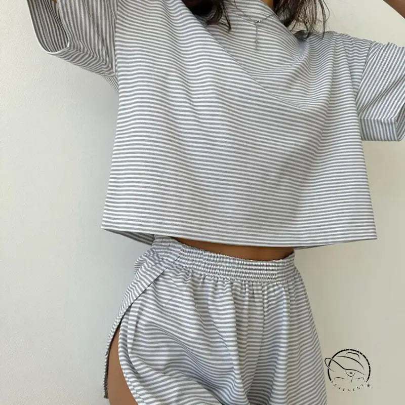 Grey and white striped knitted loose pajamas set with split sleeves