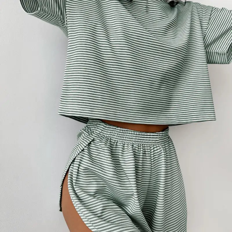 Light green and white striped knitted loose pajamas crop top and shorts set for summer lounging