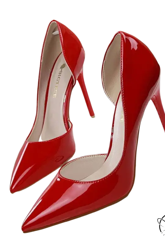 Glossy red pointed-toe hollow high heels sexy leather stiletto pumps