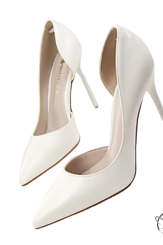 White patent leather hollow high heels sexy, pointed toe ultra high stiletto