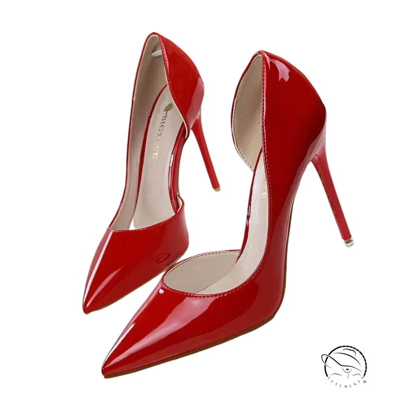 Glossy red Korean hollow high heels sexy leather pointed toe stiletto