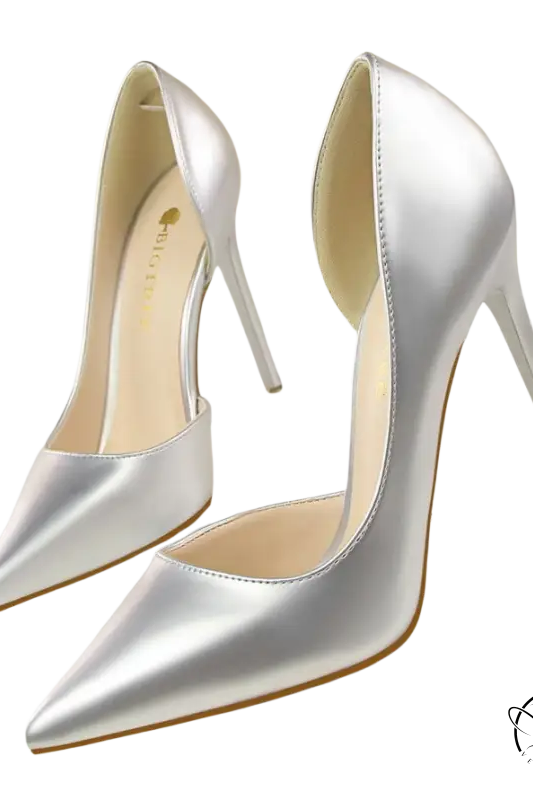 Sexy silver satin hollow high heels with pointed toe and stiletto