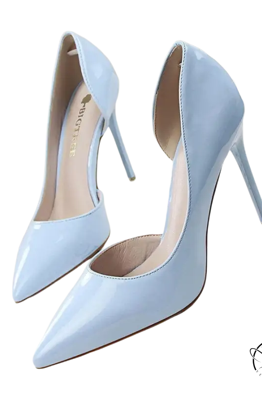 Light blue patent leather hollow high heels sexy pointed toe stiletto