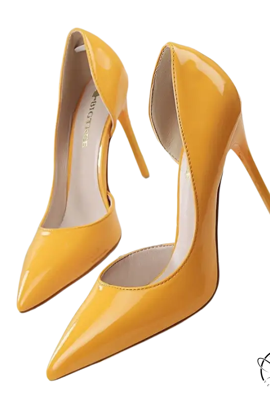 Vibrant yellow patent leather hollow high heels sexy pointed toe stiletto