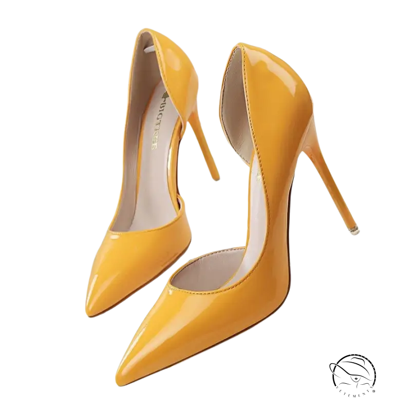 Vibrant yellow patent leather hollow high heels sexy pointed toe stiletto