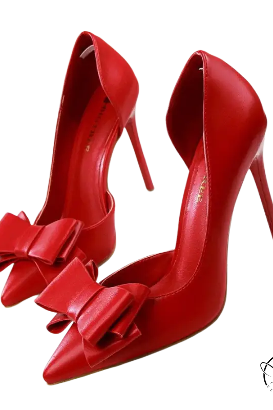 Pair of bright red Korean version high heel shoes with bow details