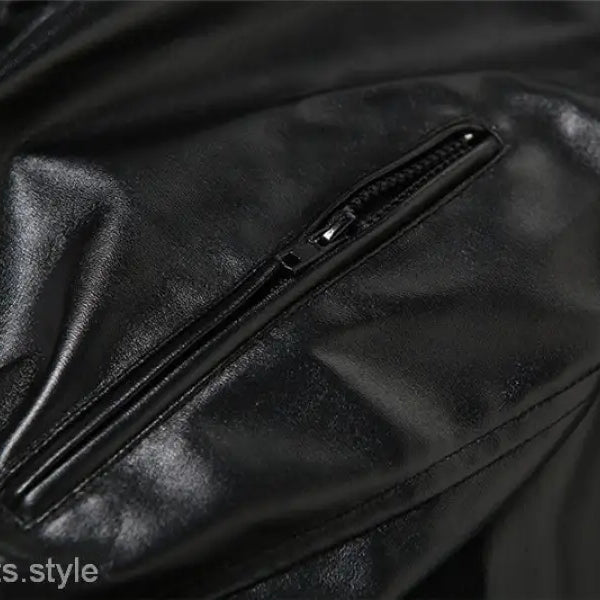 Black faux leather pocket with zipper on Kylie Leather Coat for Spring and Fall analysis