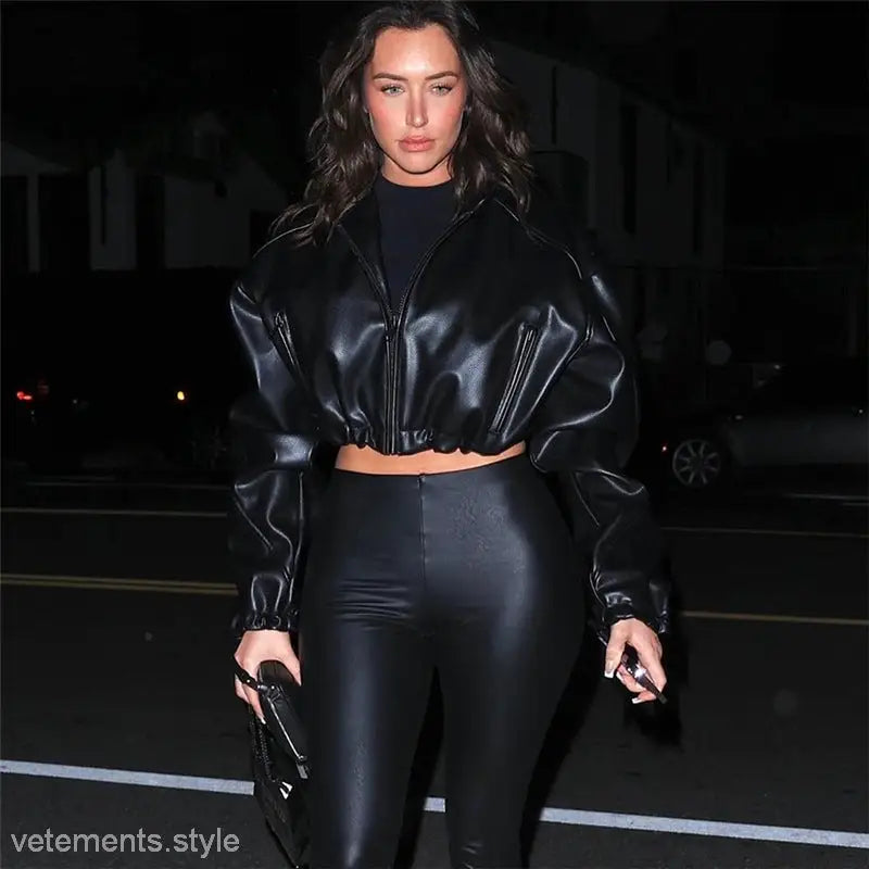 Woman wearing Kylie Faux Leather Coat with Zipper Closure, stylish leather jacket for spring fall