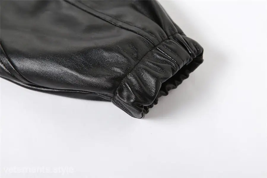 Black leather sleeve with elastic cuff on Kylie Faux Leather Leather Jacket for spring fall