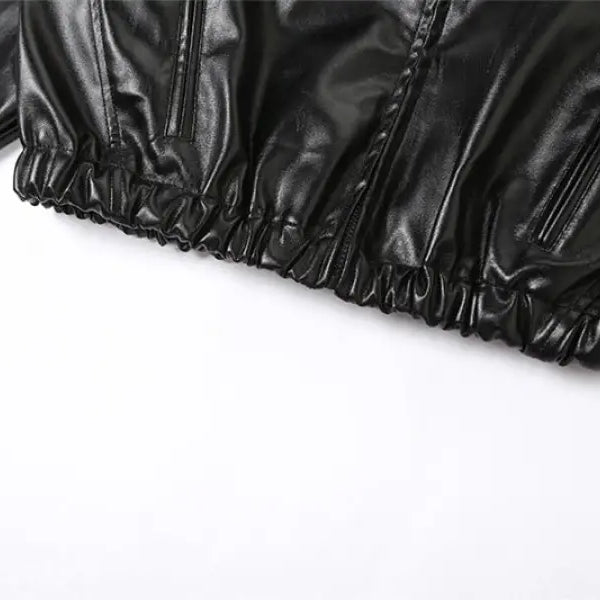 Shiny black Kylie Faux Leather Coat with elastic hem and zipper closure for fall/spring
