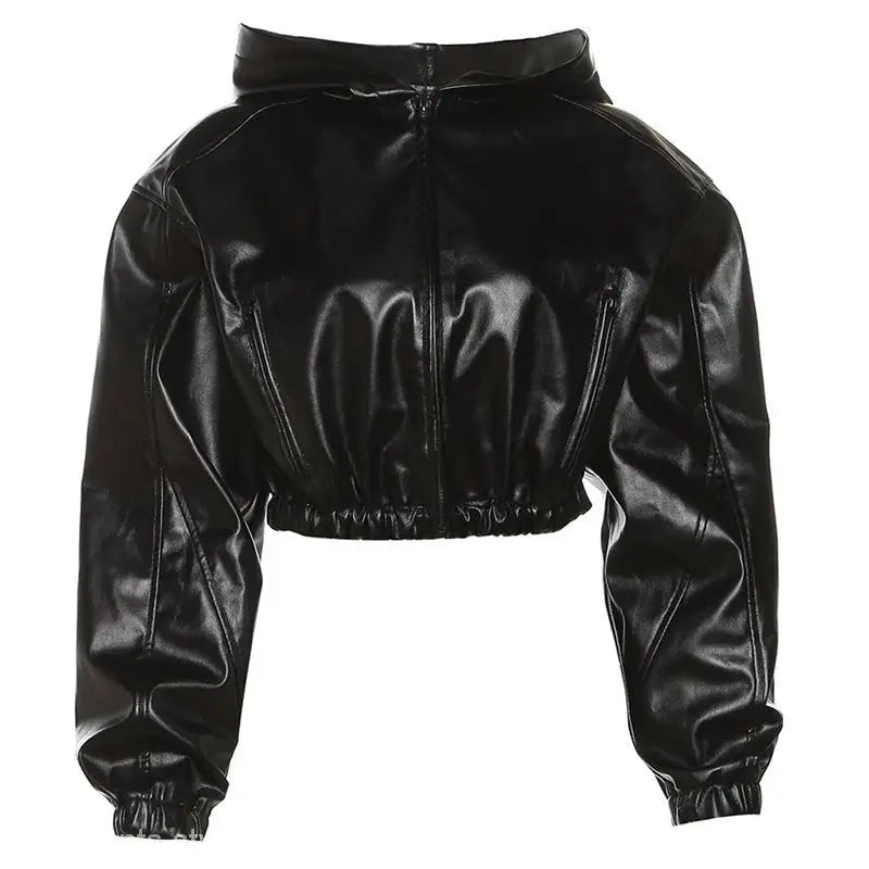 Kylie Faux Leather Coat with Zipper Closure, Black Cropped Leather Jacket for Spring Fall