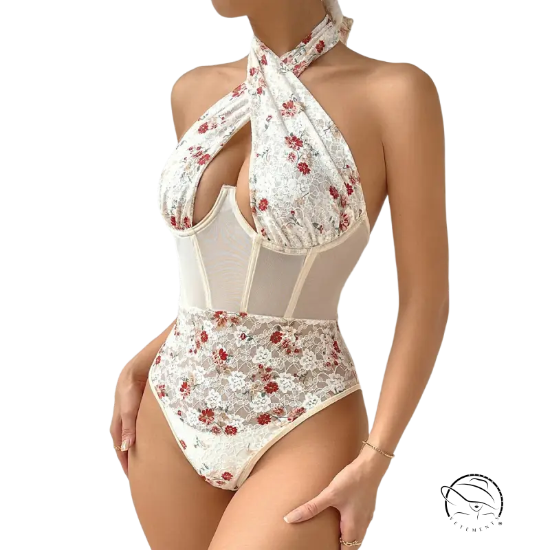 Floral lace mesh halter teddy with steel ring boning V-wired bust