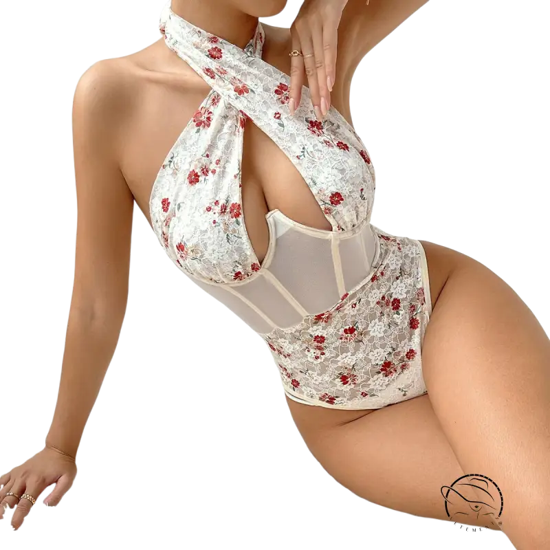 Floral lace halter neck teddy with steel ring boning corset details