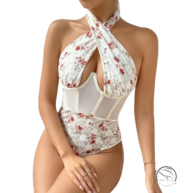 White floral lace halter teddy with steel ring boning corset waist