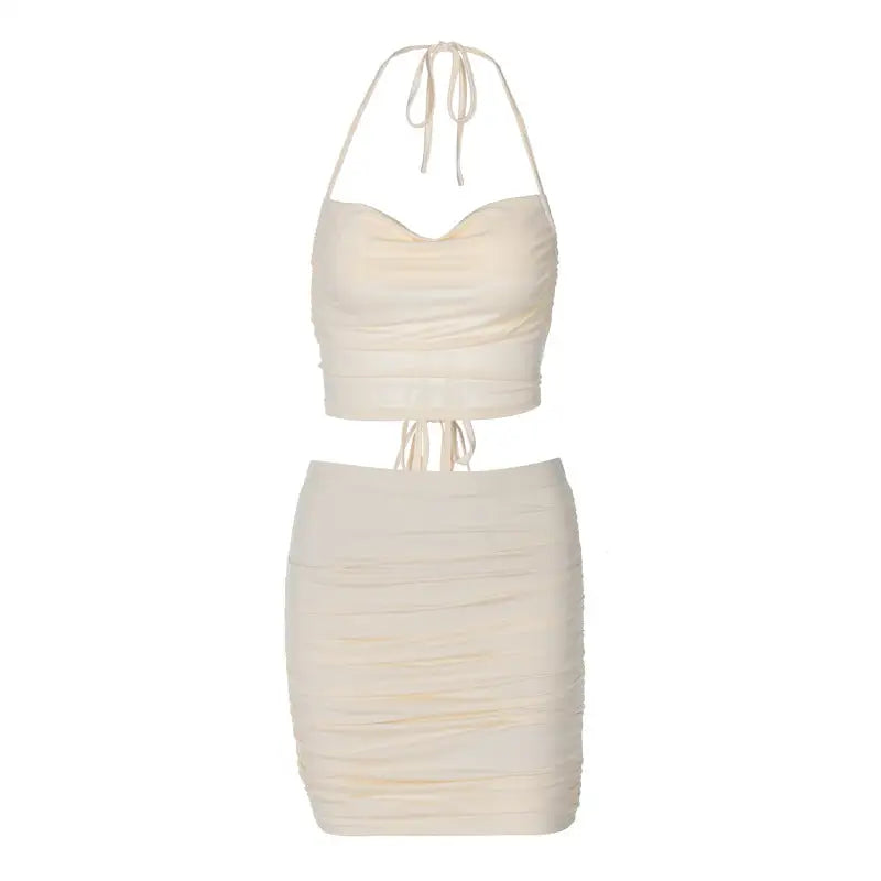 Beige lace vest pleated and skirt set for a stylish summer look