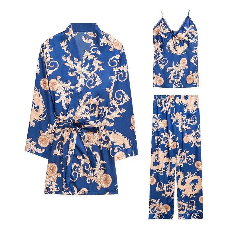 Blue and beige patterned silk tz013 ladies three-piece lounge set in sapphire or camel