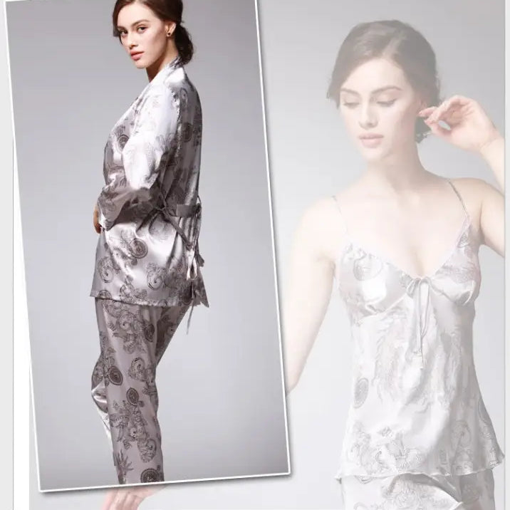 Elegant silk ladies three-piece set in sapphire or camel with floral patterns, TZ013