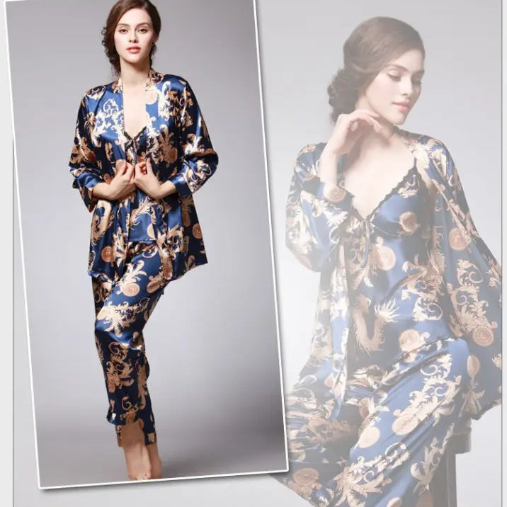 Floral patterned silk pajama set with matching robe in blue and gold tones, TZ013 Ladies Three-Piece Lounge Set in Sapphire or Camel