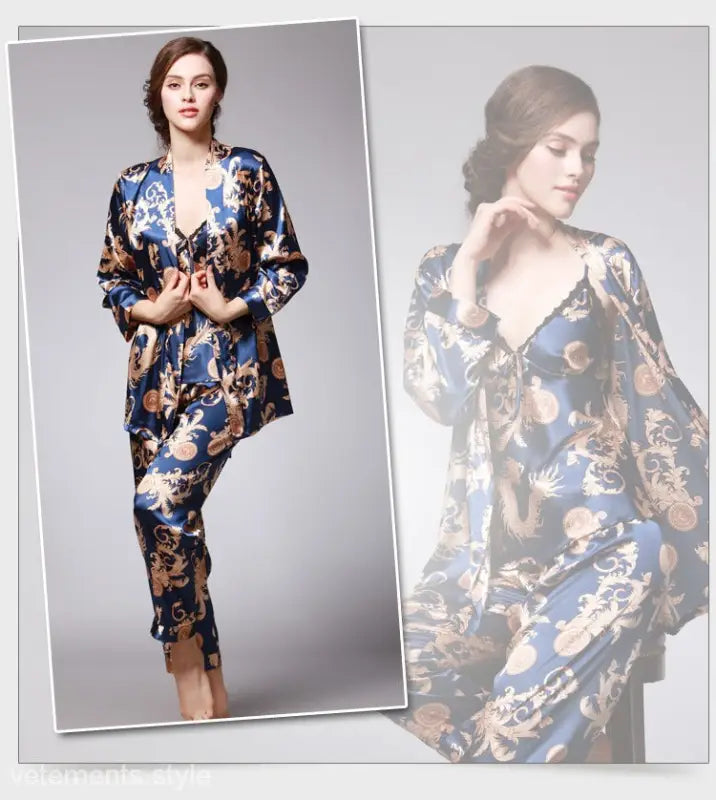Floral patterned silk pajama set with matching robe in blue and gold tones, TZ013 Ladies Three-Piece Lounge Set in Sapphire or Camel