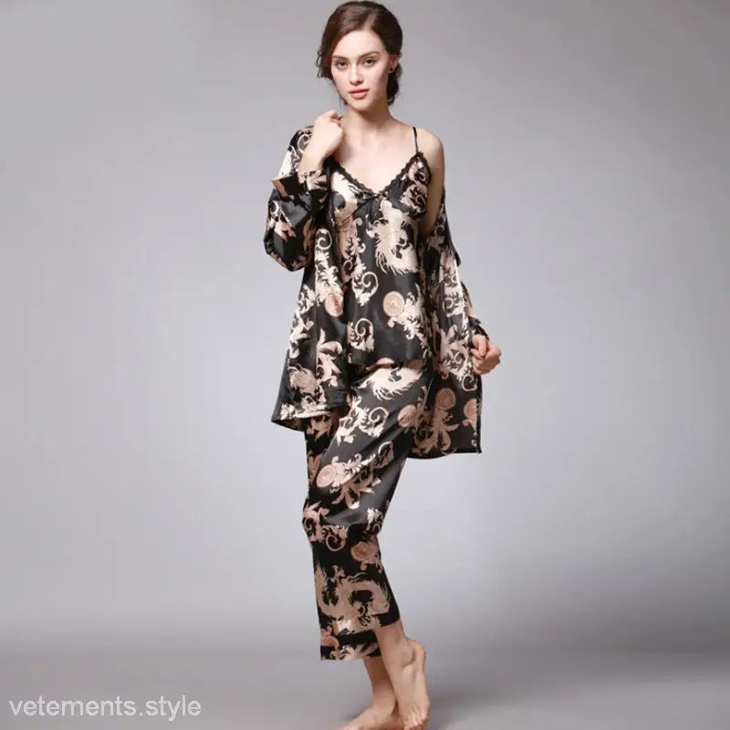 Floral patterned silk pajama set with robe and camisole from TZ013 Ladies Three-Piece Set in Sapphire or Camel