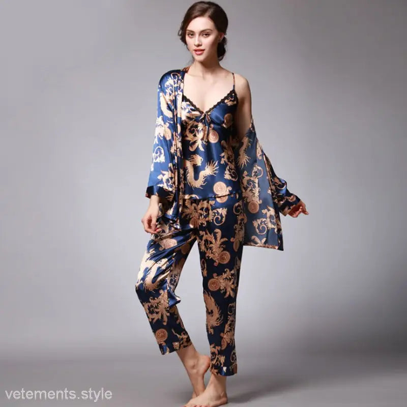 Silk pajama set with blue and gold dragon print, tz013 ladies three-piece set sapphire or camel