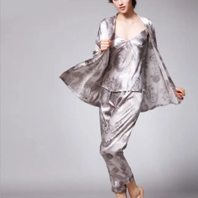 Silver satin pajama set with floral pattern, TZ013 Ladies Three-Piece Lounge Set in Sapphire or Camel