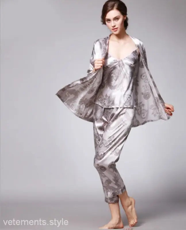 Silver satin pajama set with floral pattern, TZ013 Ladies Three-Piece Lounge Set in Sapphire or Camel