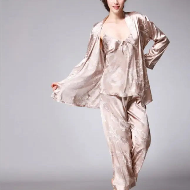 Woman in luxurious silk tz013 LadiesThree-Piece Lounge Set in Sapphire or Camel