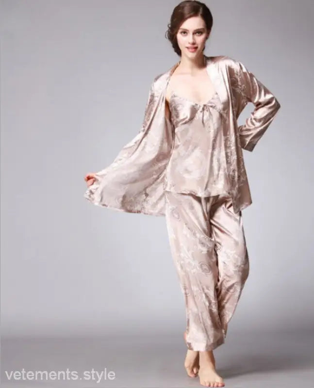 Woman in luxurious silk tz013 LadiesThree-Piece Lounge Set in Sapphire or Camel