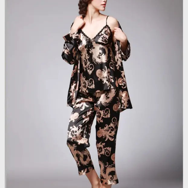 Ornate silk pajama set with floral and dragon print in black and gold, TZ013 Ladies Three-Piece Set Sapphire or Camel